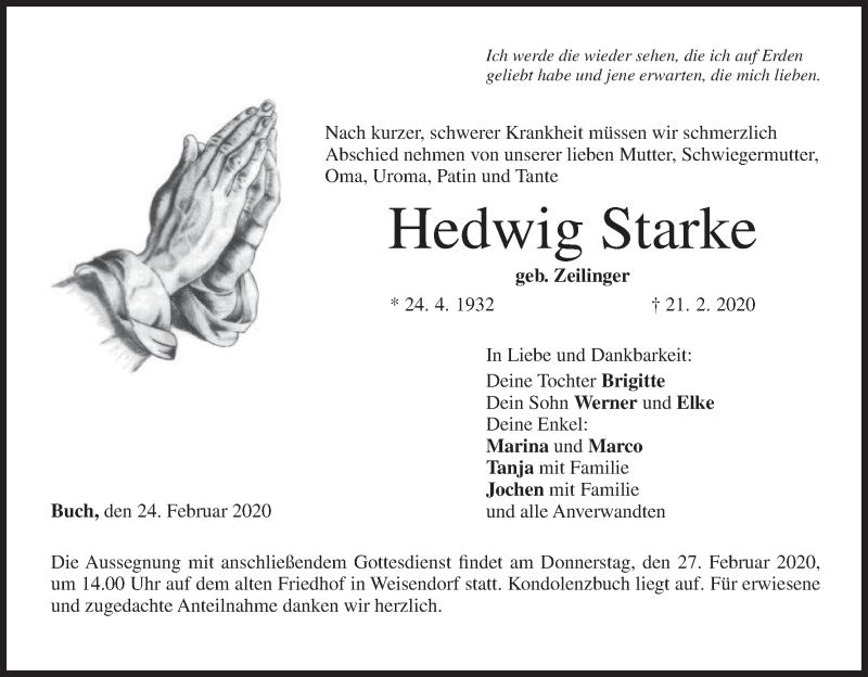  Traueranzeige für Hedwig Starke vom 24.02.2020 aus MGO