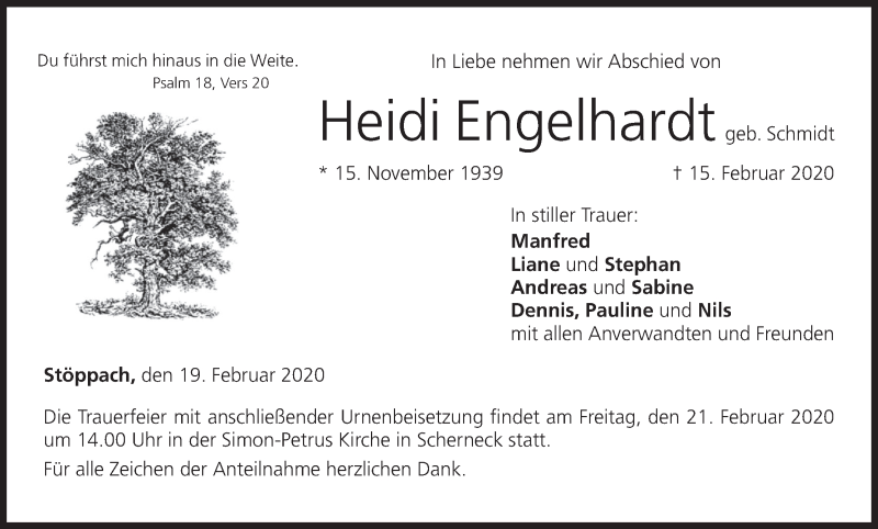  Traueranzeige für Heidi Engelhardt vom 19.02.2020 aus MGO