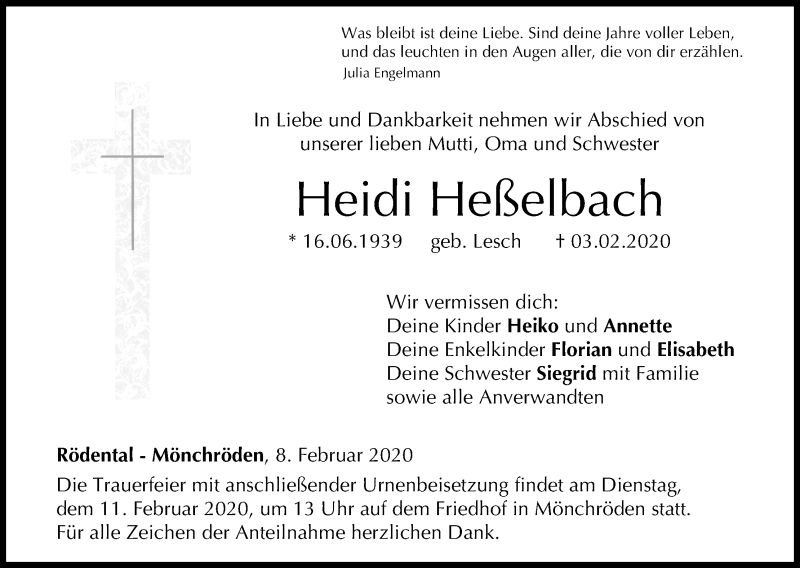  Traueranzeige für Heidi Heßelbach vom 08.02.2020 aus MGO