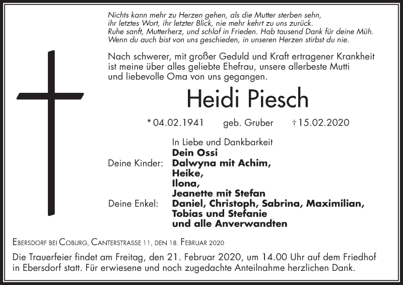  Traueranzeige für Heidi Piesch vom 18.02.2020 aus MGO