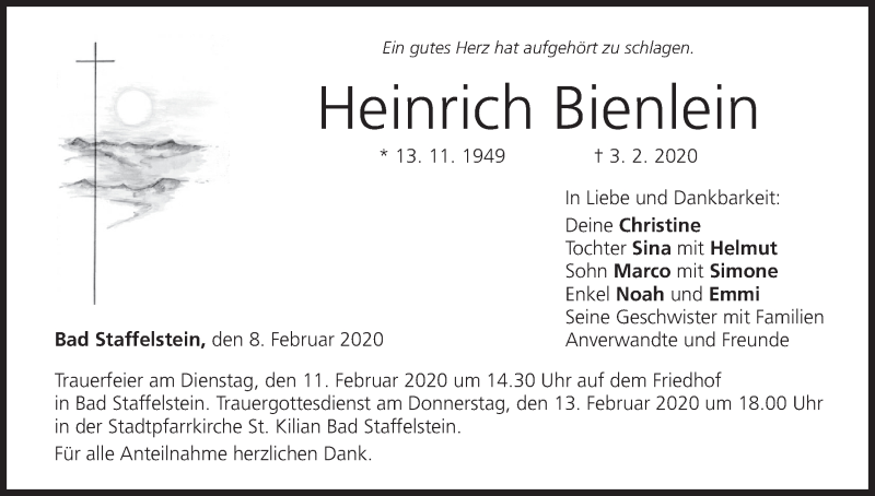  Traueranzeige für Heinrich Bienlein vom 08.02.2020 aus MGO