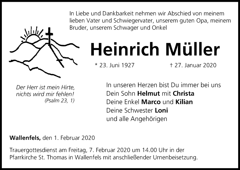  Traueranzeige für Heinrich Müller vom 01.02.2020 aus MGO