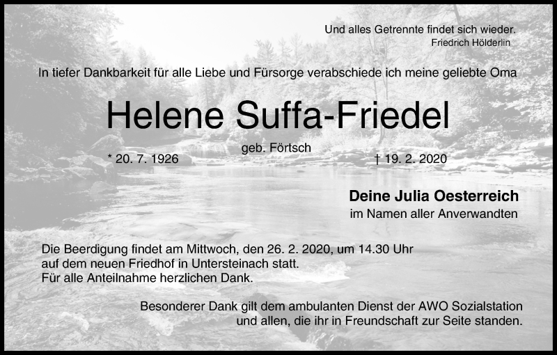  Traueranzeige für Helene Suffa-Friedel vom 22.02.2020 aus MGO