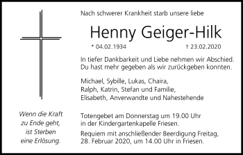 Anzeige von Henny Geiger-Hilk von MGO
