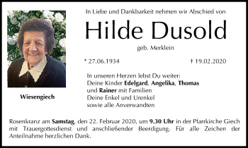 Anzeige von Hilde Dusold von MGO