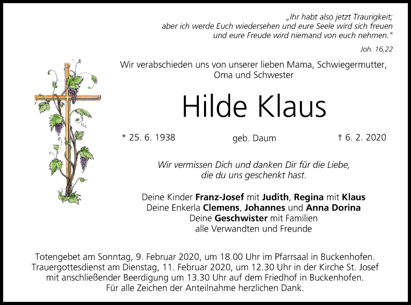  Traueranzeige für Hilde Klaus vom 08.02.2020 aus MGO