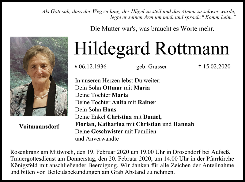  Traueranzeige für Hildegard Rottmann vom 18.02.2020 aus MGO