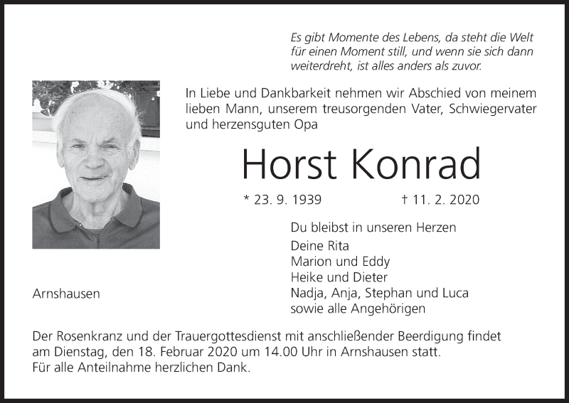  Traueranzeige für Horst Konrad vom 15.02.2020 aus MGO