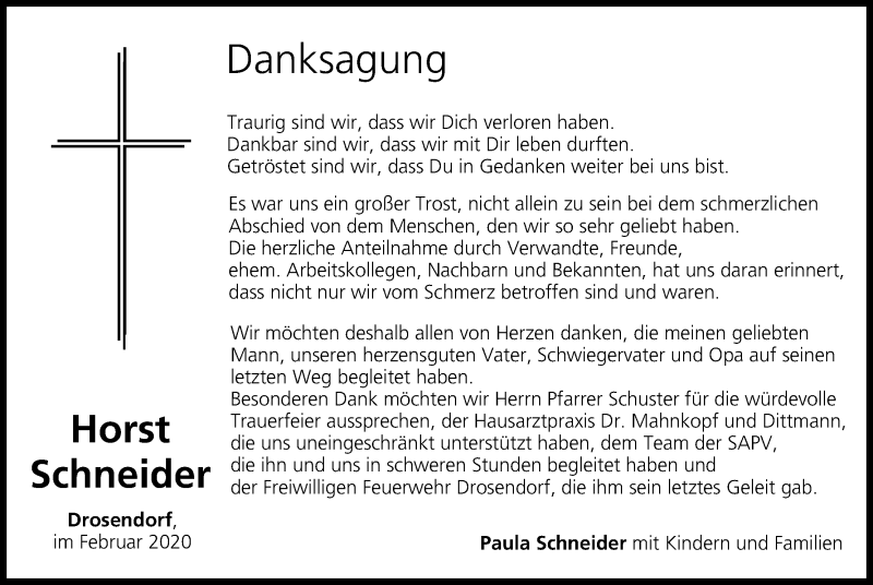  Traueranzeige für Horst Schneider vom 08.02.2020 aus MGO