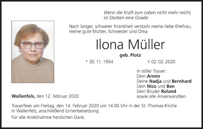  Traueranzeige für Ilona Müller vom 12.02.2020 aus MGO