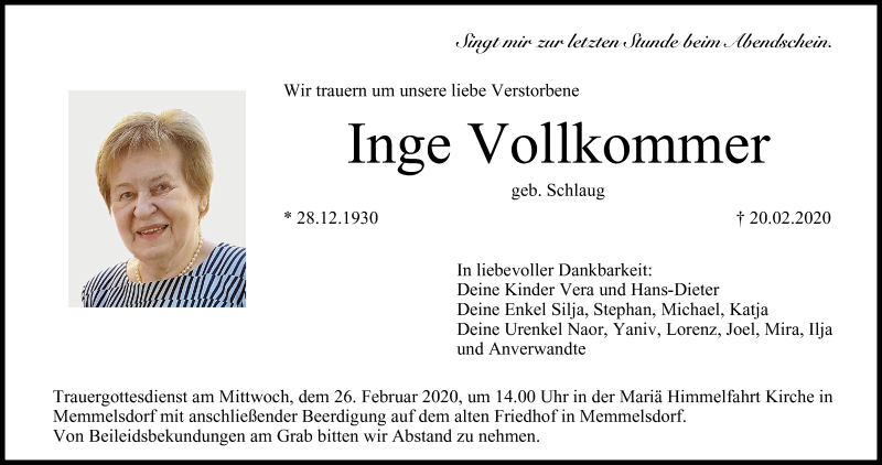  Traueranzeige für Inge Vollkommer vom 22.02.2020 aus MGO