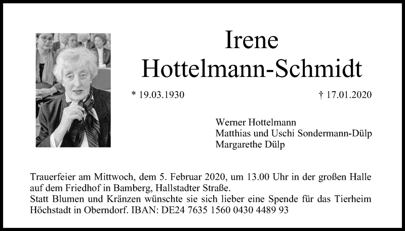  Traueranzeige für Irene Hottelmann-Schmidt vom 01.02.2020 aus MGO