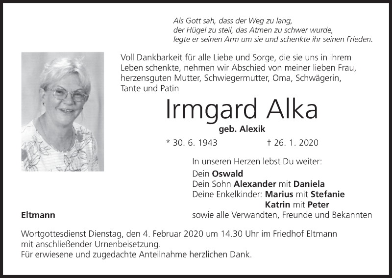  Traueranzeige für Irmgard Alka vom 01.02.2020 aus MGO
