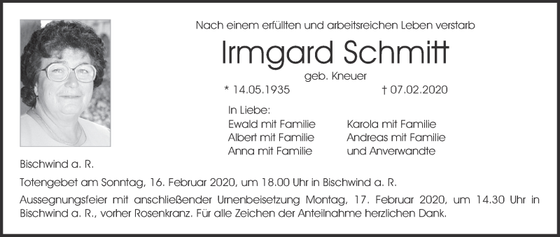  Traueranzeige für Irmgard Schmitt vom 12.02.2020 aus MGO