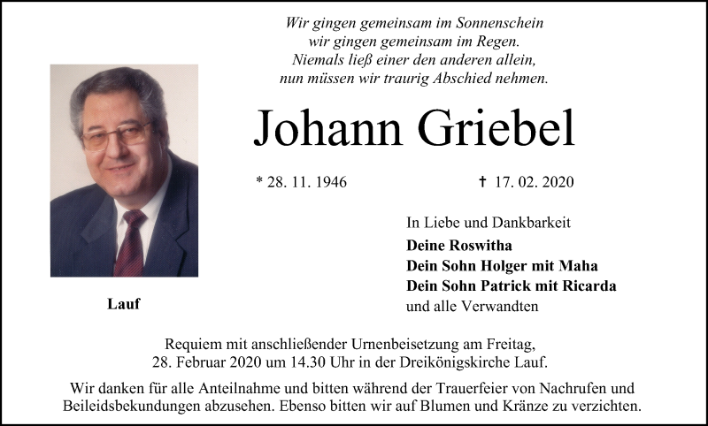  Traueranzeige für Johann Griebel vom 22.02.2020 aus MGO