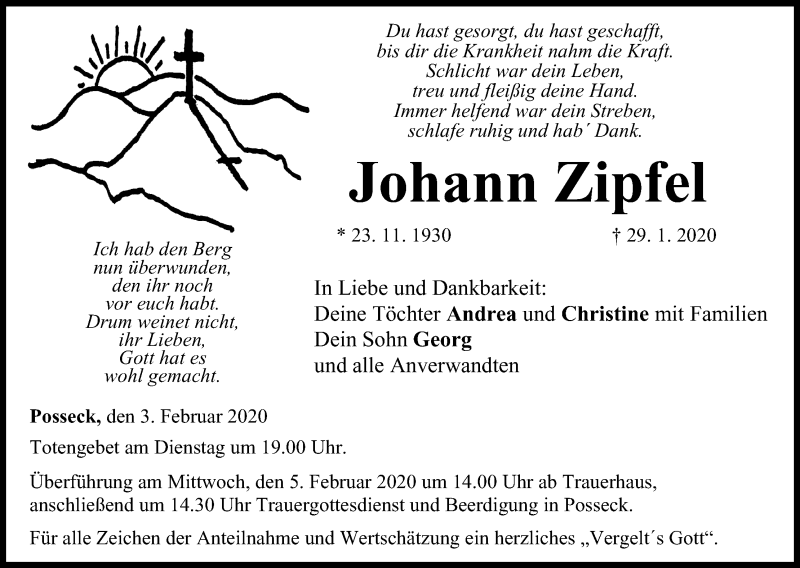  Traueranzeige für Johann Zipfel vom 03.02.2020 aus MGO