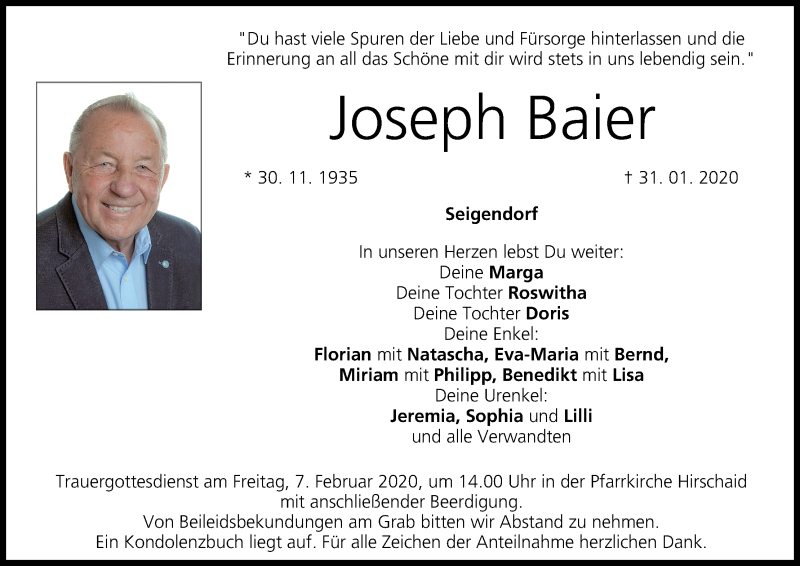  Traueranzeige für Joseph Baier vom 04.02.2020 aus MGO