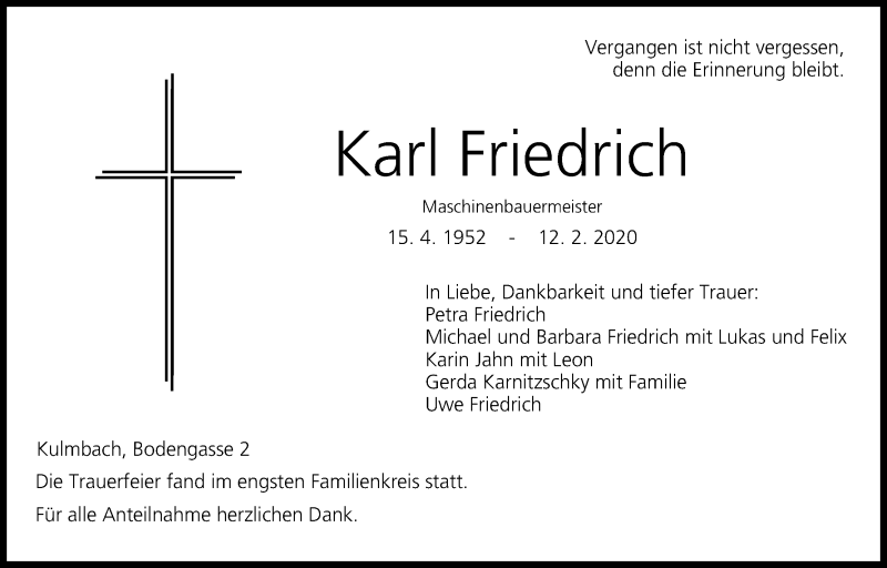  Traueranzeige für Karl Friedrich vom 22.02.2020 aus MGO
