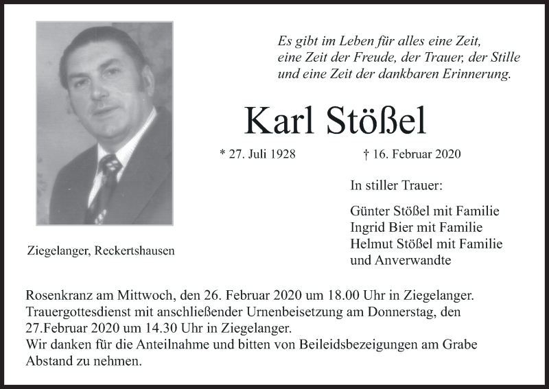  Traueranzeige für Karl Stößel vom 22.02.2020 aus MGO