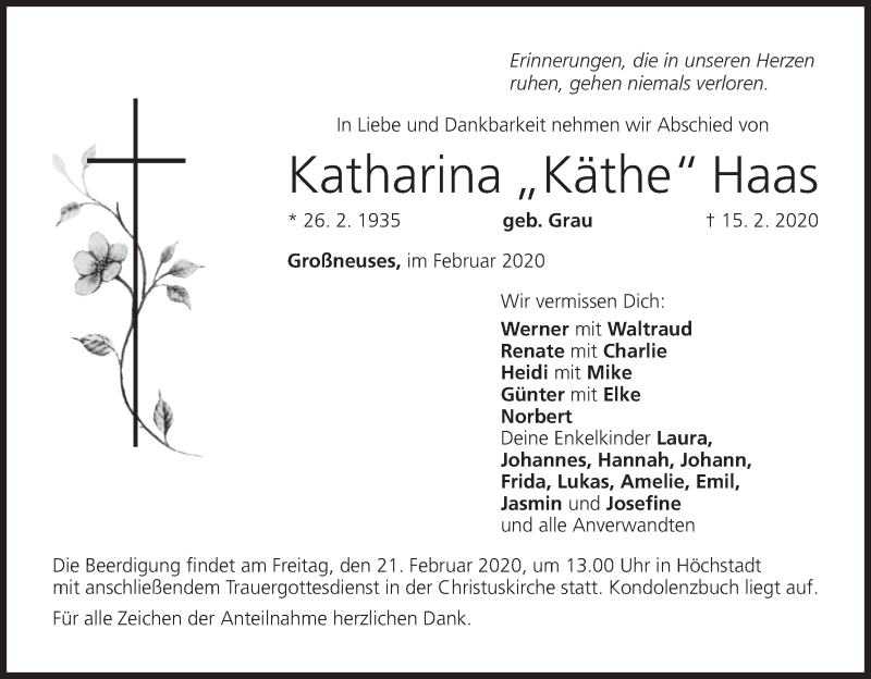  Traueranzeige für Katharina Haas vom 18.02.2020 aus MGO