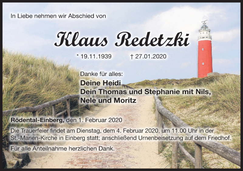  Traueranzeige für Klaus Redetzki vom 01.02.2020 aus MGO