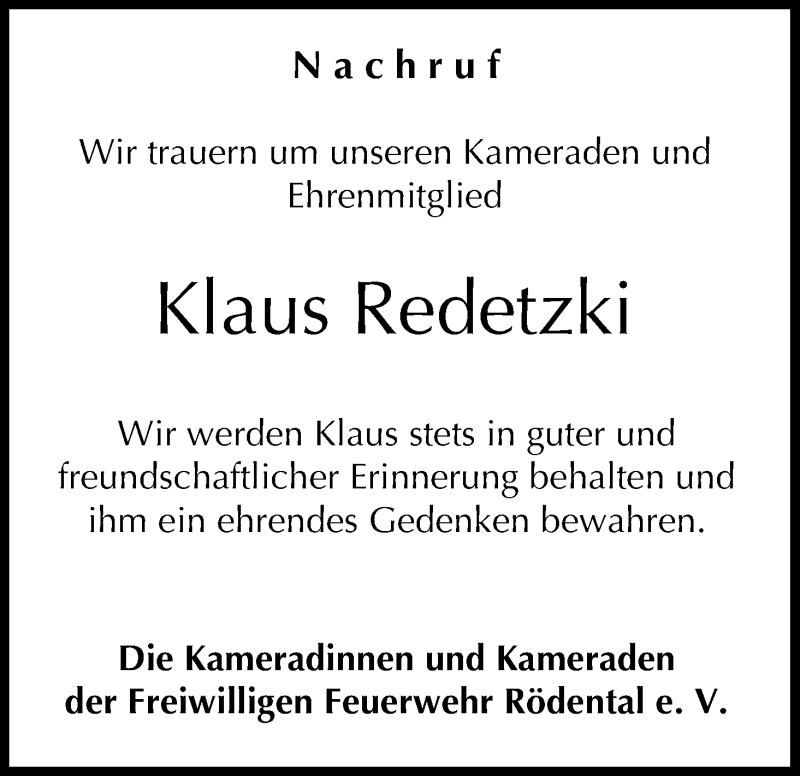  Traueranzeige für Klaus Redetzki vom 01.02.2020 aus MGO