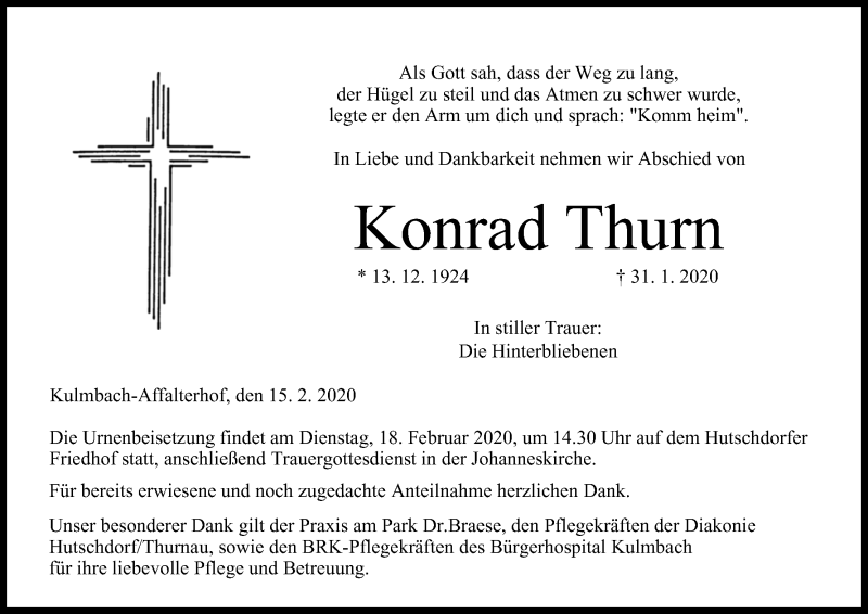  Traueranzeige für Konrad Thurn vom 15.02.2020 aus MGO