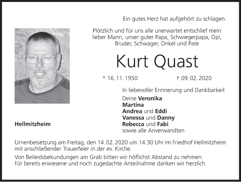  Traueranzeige für Kurt Quast vom 11.02.2020 aus MGO
