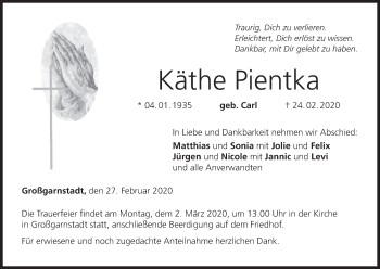 Anzeige von Käthe Pientka von MGO