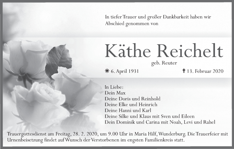  Traueranzeige für Käthe Reichelt vom 26.02.2020 aus MGO