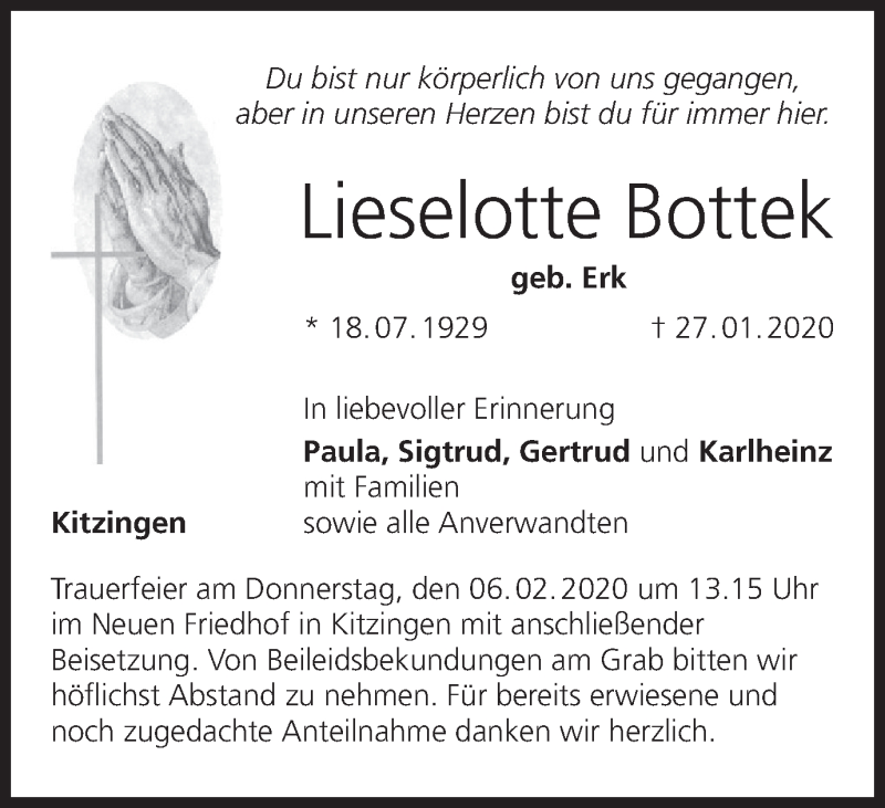  Traueranzeige für Lieselotte Bottek vom 01.02.2020 aus MGO
