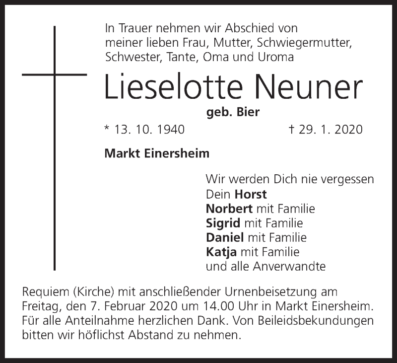  Traueranzeige für Lieselotte Neuner vom 04.02.2020 aus MGO