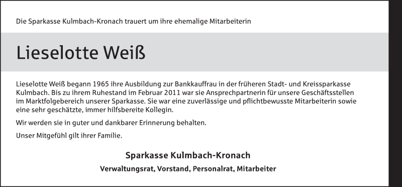  Traueranzeige für Lieselotte Weiß vom 14.02.2020 aus MGO