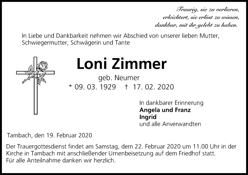  Traueranzeige für Loni Zimmer vom 19.02.2020 aus MGO