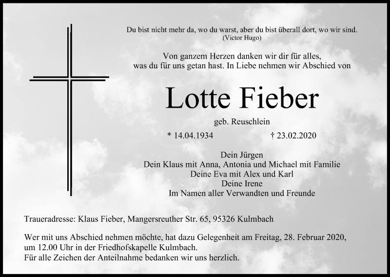  Traueranzeige für Lotte Fieber vom 26.02.2020 aus MGO