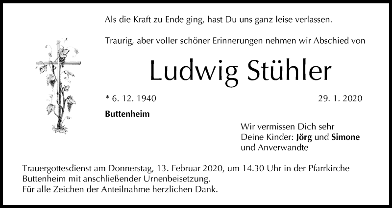  Traueranzeige für Ludwig Stühler vom 08.02.2020 aus MGO