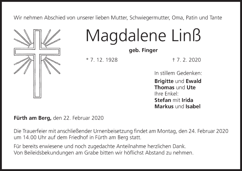  Traueranzeige für Magdalene Linß vom 22.02.2020 aus MGO
