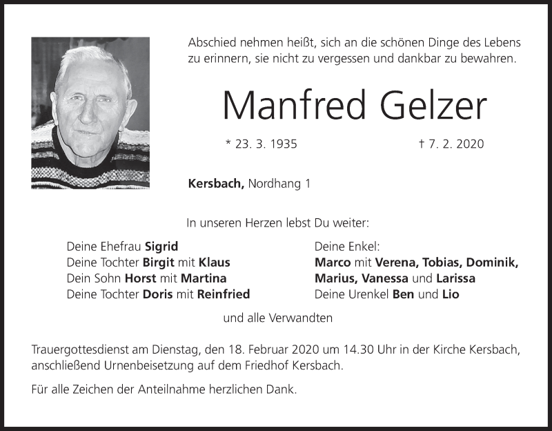  Traueranzeige für Manfred Gelzer vom 15.02.2020 aus MGO
