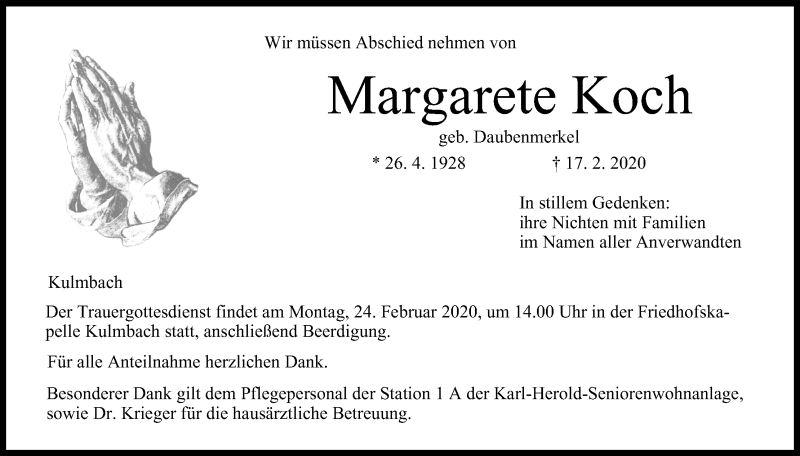  Traueranzeige für Margarete Koch vom 22.02.2020 aus MGO