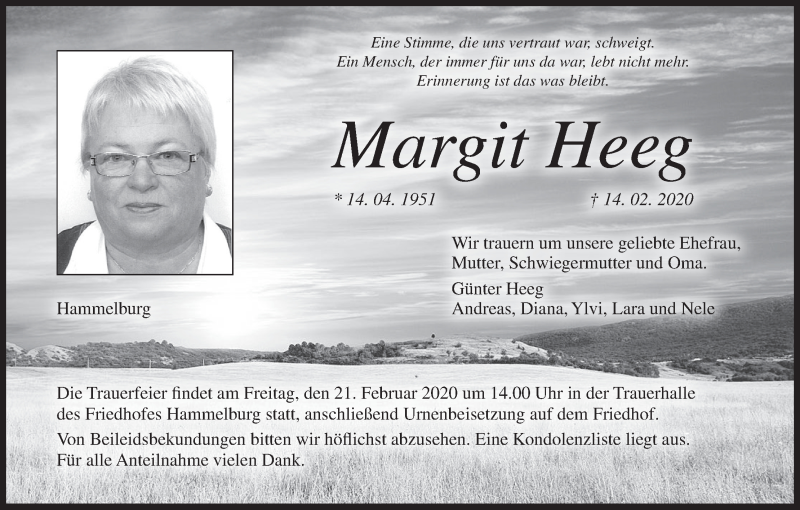  Traueranzeige für Margit Heeg vom 20.02.2020 aus MGO