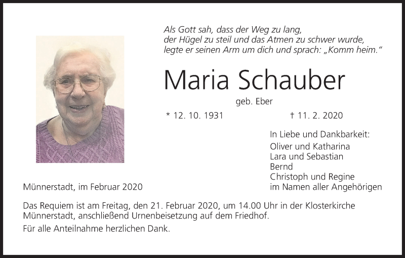  Traueranzeige für Maria Schauber vom 15.02.2020 aus MGO