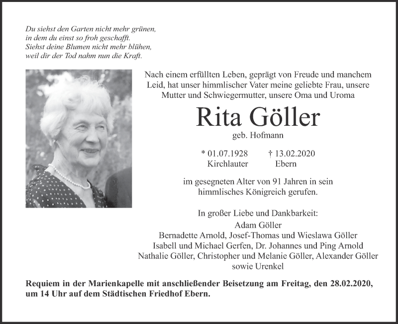  Traueranzeige für Rita Göller vom 22.02.2020 aus MGO