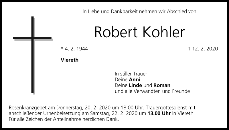  Traueranzeige für Robert Kohler vom 18.02.2020 aus MGO