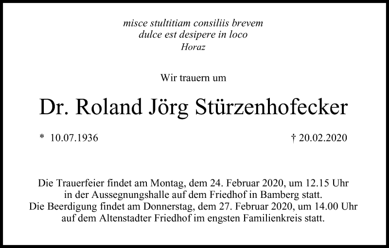  Traueranzeige für Roland Jörg Stürzenhofecker vom 22.02.2020 aus MGO