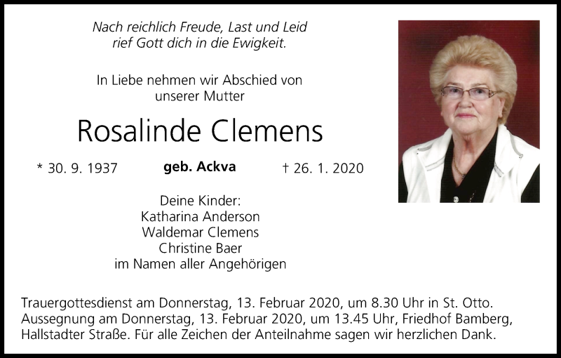  Traueranzeige für Rosalinde Clemens vom 11.02.2020 aus MGO