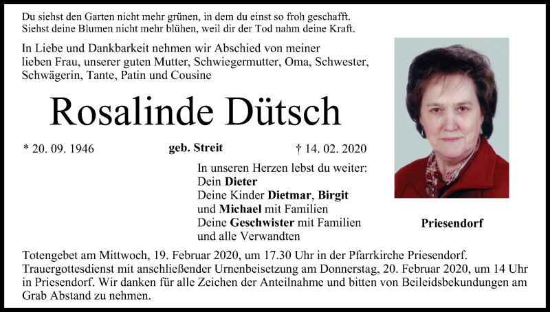  Traueranzeige für Rosalinde Dütsch vom 17.02.2020 aus MGO