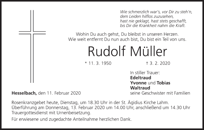  Traueranzeige für Rudolf Müller vom 11.02.2020 aus MGO