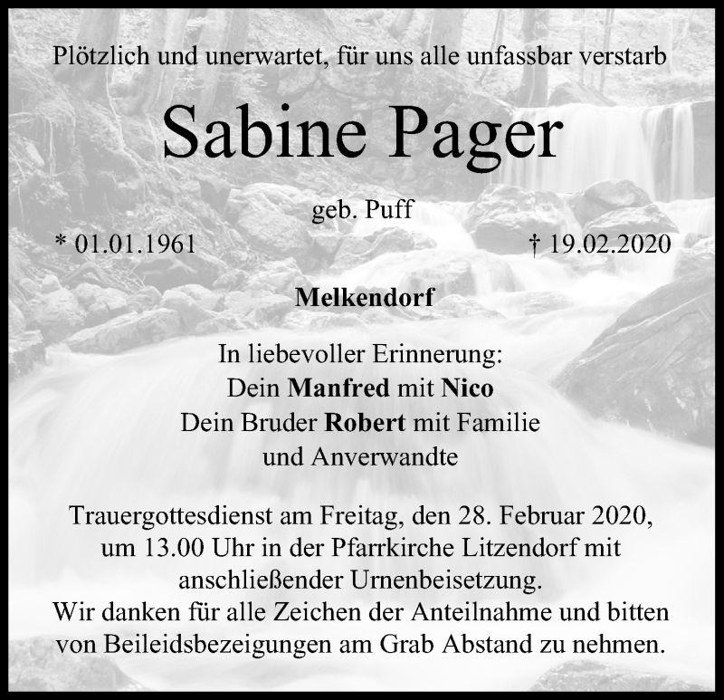  Traueranzeige für Sabine Pager vom 27.02.2020 aus MGO
