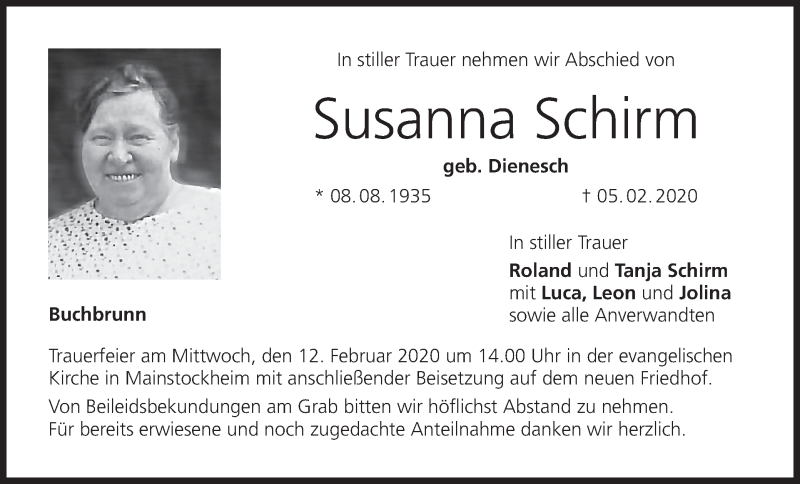 Traueranzeige für Susanna Schirm vom 08.02.2020 aus MGO