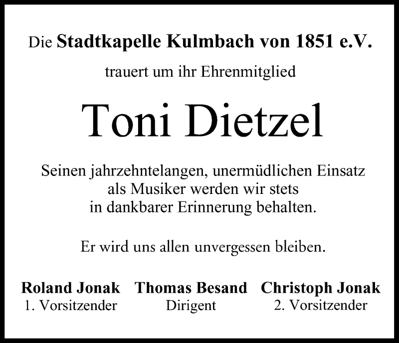  Traueranzeige für Toni Dietzel vom 13.02.2020 aus MGO
